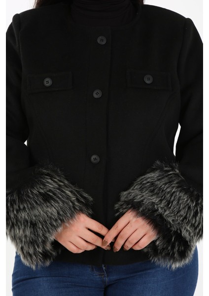 Büyük Beden Kolu Kürklü Sahte Cepli Astarlı Kısa Siyah Ceket indirimleri