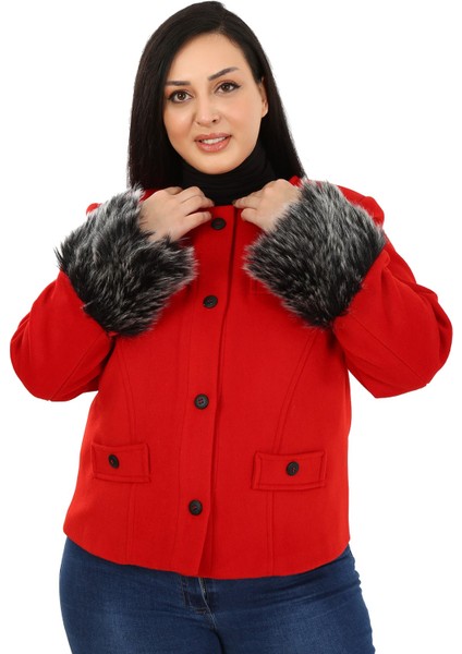 Büyük Beden Kolu Kürklü Sahte Cepli Astarlı Kısa Kırmızı Ceket