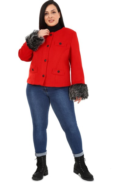 Büyük Beden Kolu Kürklü Sahte Cepli Astarlı Kısa Kırmızı Ceket fiyatları