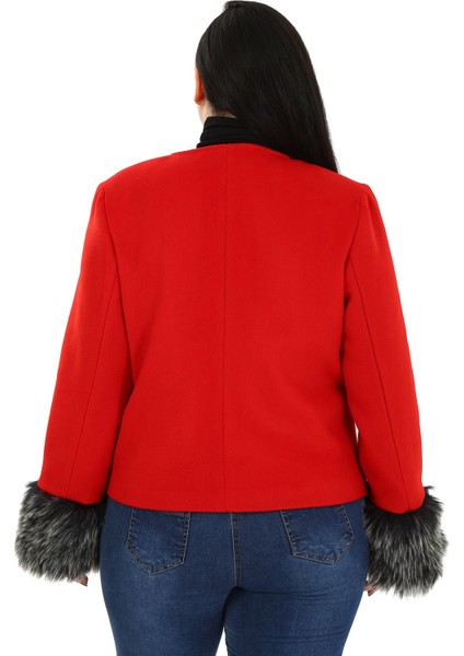 Büyük Beden Kolu Kürklü Sahte Cepli Astarlı Kısa Kırmızı Ceket modelleri