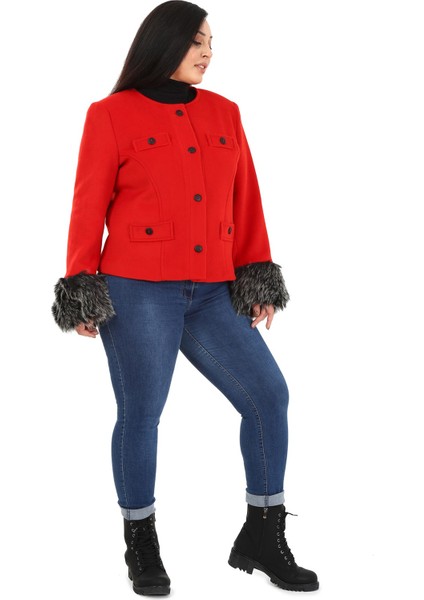 Büyük Beden Kolu Kürklü Sahte Cepli Astarlı Kısa Kırmızı Ceket fırsatları
