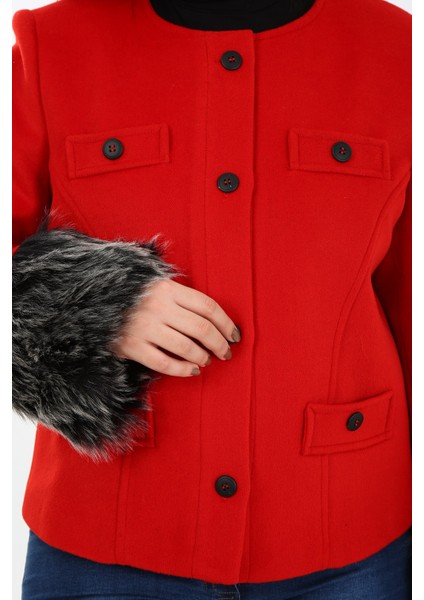 Büyük Beden Kolu Kürklü Sahte Cepli Astarlı Kısa Kırmızı Ceket indirimleri