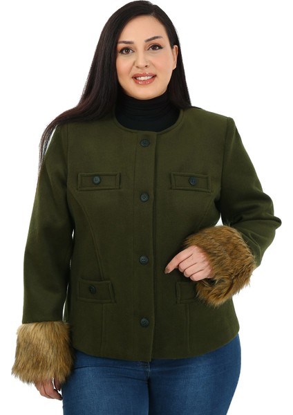 Büyük Beden Kolu Kürklü Sahte Cepli Astarlı Kısa Haki Ceket