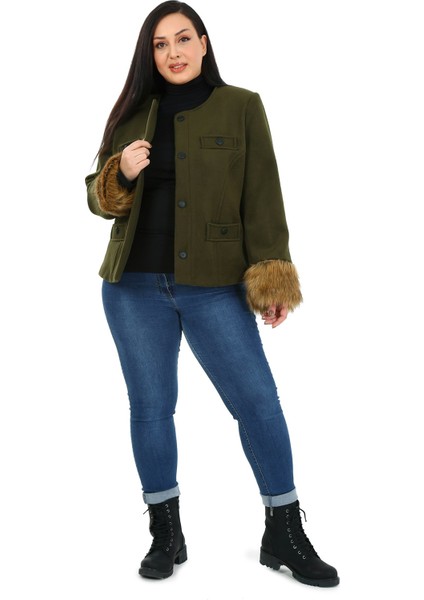 Büyük Beden Kolu Kürklü Sahte Cepli Astarlı Kısa Haki Ceket fiyatları