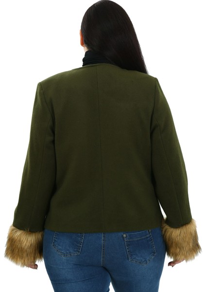 Büyük Beden Kolu Kürklü Sahte Cepli Astarlı Kısa Haki Ceket modelleri