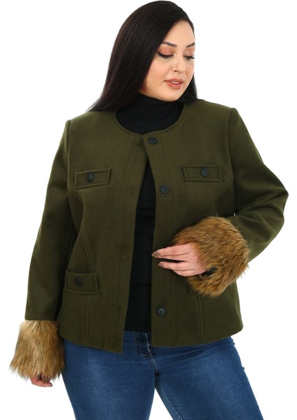 Büyük Beden Kolu Kürklü Sahte Cepli Astarlı Kısa Haki Ceket fırsatları