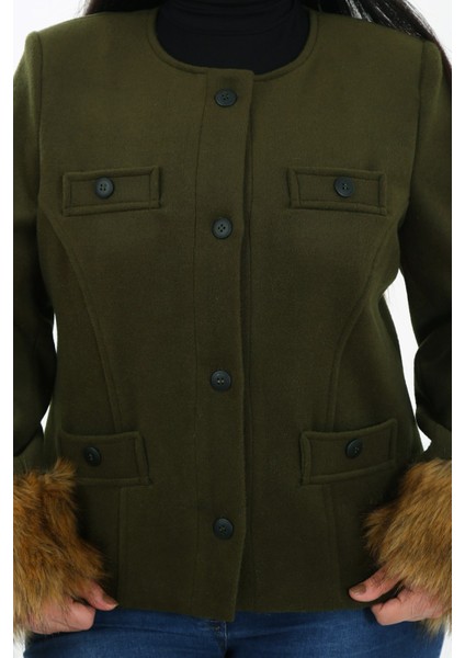 Büyük Beden Kolu Kürklü Sahte Cepli Astarlı Kısa Haki Ceket indirimleri