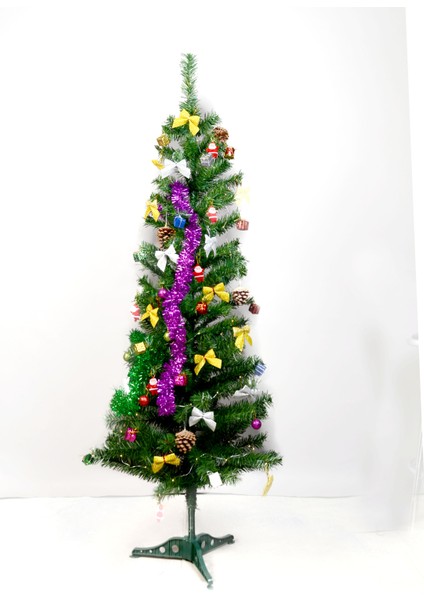 ÖZKISMET Yılbaşı Çam Ağacı Seti 120 cm Ağaç + 41 Parça Süs +RENKLİ LED Işik + Kar Spreyi̇ +Tepelik Simli Büyük FİYONK + UNİCORN SÜSLÜ ÇOCUK TACI