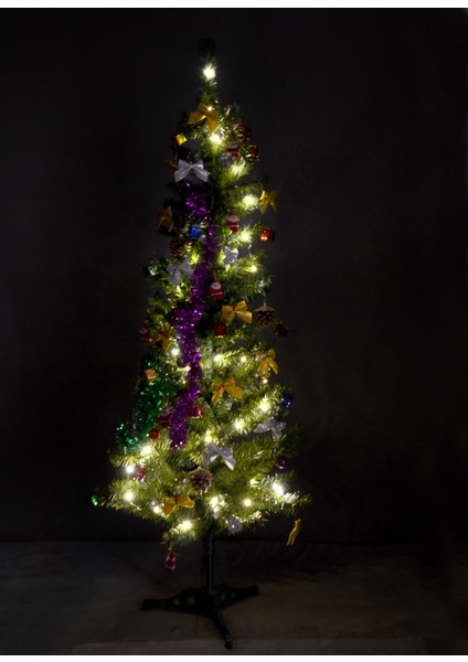 ÖZKISMET Yılbaşı Çam Ağacı Seti 120 cm Ağaç + 41 Parça Süs +RENKLİ LED Işik + Kar Spreyi̇ +Tepelik Simli Büyük FİYONK + UNİCORN SÜSLÜ ÇOCUK TACI