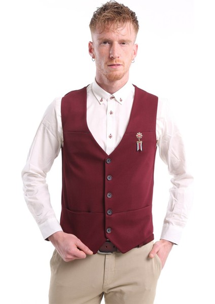 Intersivin Erkek Bordo Slim Fit Astarlı Düğmeli Kemerli Likralı Tek Yelek