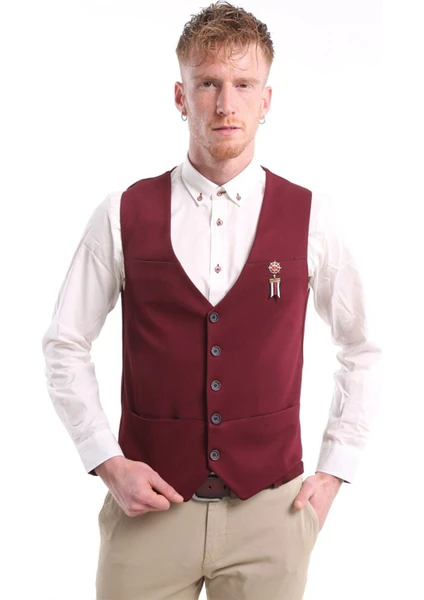 Intersivin  Erkek Bordo Slim Fit Astarlı Düğmeli Kemerli Likralı Tek Yelek