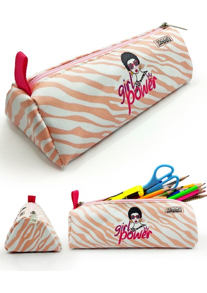 Kalem Kutusu Zebra Desenli Üçgen Kalemkutu Jumbo Vegan Deri Kalemlik - Pembe Nude fırsatları