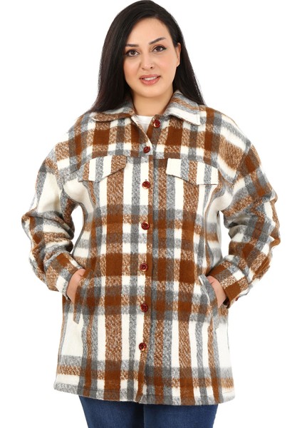 Büyük Beden Cepli Manşetli Uzun Kışlık Kahverengi Ceket Gömlek