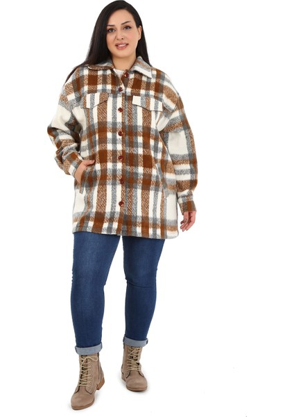 Büyük Beden Cepli Manşetli Uzun Kışlık Kahverengi Ceket Gömlek fiyatları