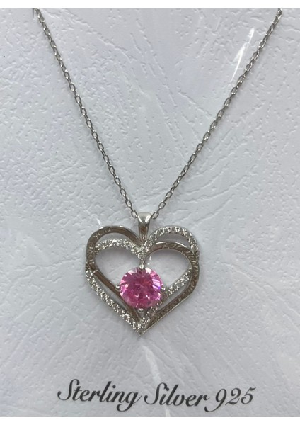 Pembe Yuvarlak Zirkon Taş Detay I Love You Yazılı Kalp Kolye