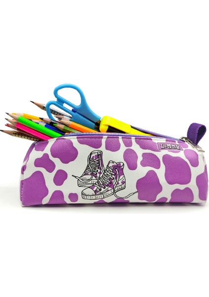 Kalem Kutusu Inek Desenli Ayakkabı Detaylı Üçgen Kalemkutu Jumbo Vegan Deri Kalemlik - Mor