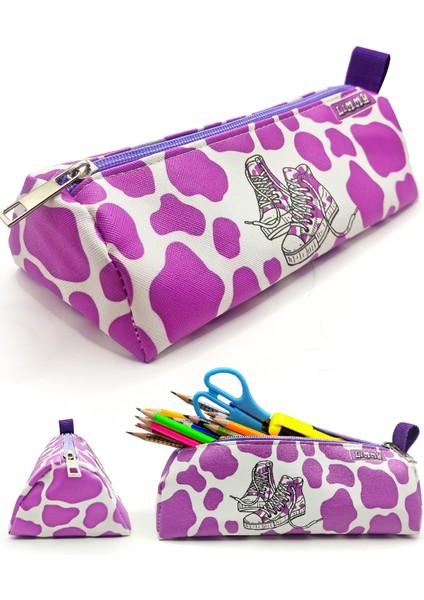 Kalem Kutusu Inek Desenli Ayakkabı Detaylı Üçgen Kalemkutu Jumbo Vegan Deri Kalemlik - Mor fiyatları