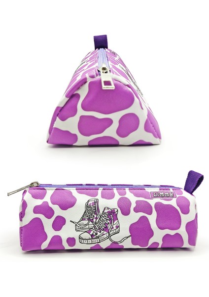 Kalem Kutusu Inek Desenli Ayakkabı Detaylı Üçgen Kalemkutu Jumbo Vegan Deri Kalemlik - Mor modelleri