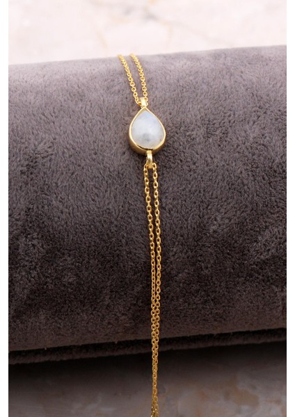 Doğal Ay Taşlı Damla Mini Altın Yaldızlı Gümüş Bileklik 4106