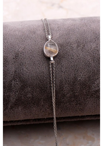 Doğal Sarı Rutil Kuvars Taşlı Damla Mini Rodyumlu Gümüş Bileklik 4108