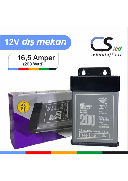 GEM12 Volt 16,5 Amper Metal Kasa Yağmur Geçirmez Dış (Yarı) Mekan Adaptör