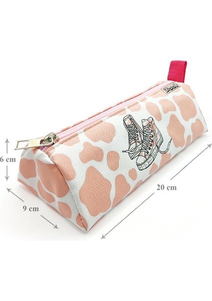 Kalem Kutusu Inek Desenli Ayakkabı Detaylı Üçgen Kalemkutu Jumbo Vegan Deri Kalemlik - Pembe Nude