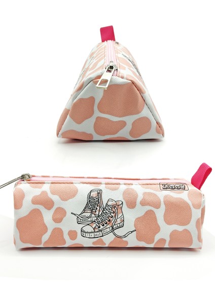 Kalem Kutusu Inek Desenli Ayakkabı Detaylı Üçgen Kalemkutu Jumbo Vegan Deri Kalemlik - Pembe Nude modelleri