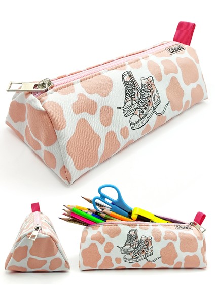 Kalem Kutusu Inek Desenli Ayakkabı Detaylı Üçgen Kalemkutu Jumbo Vegan Deri Kalemlik - Pembe Nude fırsatları