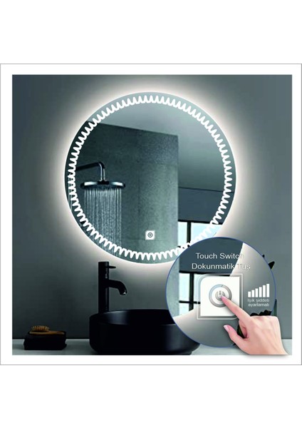 Dnr-Mirror 80 cm Beyaz Ledli Tasarım Kumlamalı Dokunmatik Tuşlu Banyo Aynası Makyaj Aynası Işıklı Ayna