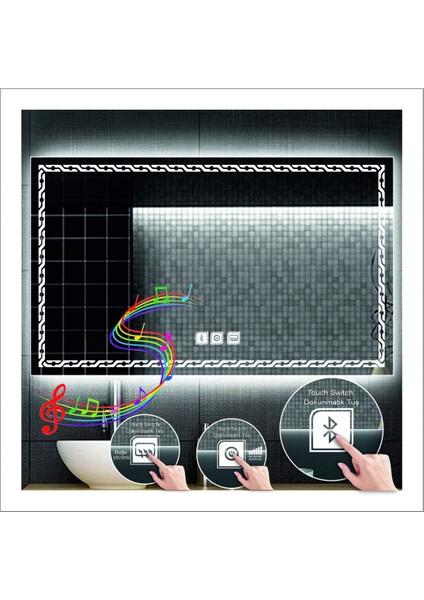 Dnr-Mirror75x105 Cm Beyaz Ledli Tasarım Kumlamalı Dokunmatik Bluetoothlu Buğu Önleyicili Makyaj Banyo Aynası