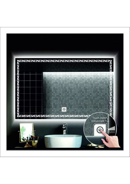 70x90 Cm Beyaz Ledli Tasarım Kumlamalı Dokunmatik Tuşlu Banyo Aynası Makyaj Aynası Işıklı Ayna modelleri
