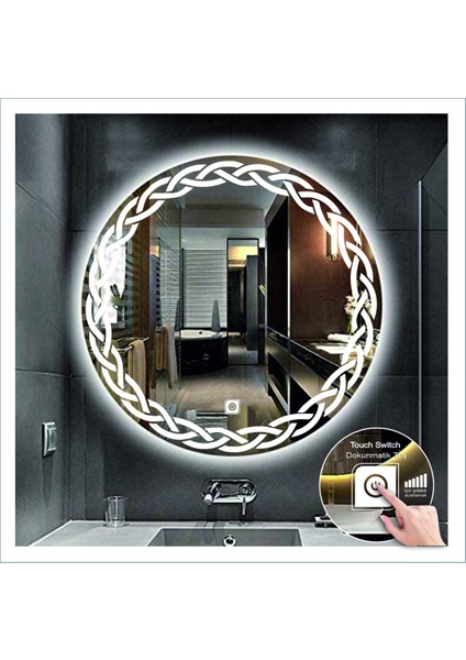 Dnr-Mirror 80 cm Beyaz Ledli Tasarım Kumlamalı Dokunmatik Tuşlu Banyo Aynası Makyaj Aynası Işıklı Ayna