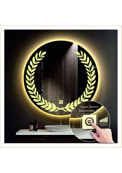 Dnr-Mirror 80 cm Günışığı Ledli Tasarım Kumlamalı Dokunmatik Tuşlu Banyo Aynası Makyaj Aynası Işıklı Ayna