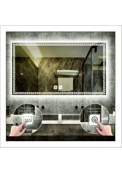 Dnr-Mirror80x120 Cm Beyaz Ledli Tasarım Kumlamalı Dokunmatik Tuşlu Buğu Önleyicili Banyo Aynası Makyaj Aynası