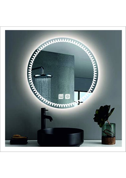Dnr-Mirror 80 cm Günışığı Ledli Tasarım Kumlamalı Dokunmatik Tuşlu Buğu Önleyicili Banyo Aynası Makyaj Aynası
