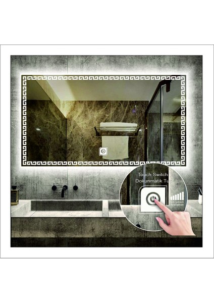 50xDnr-Mirror 70 cm Beyaz Ledli Tasarım Kumlamalı Dokunmatik Tuşlu Banyo Aynası Makyaj Aynası Işıklı Ayna