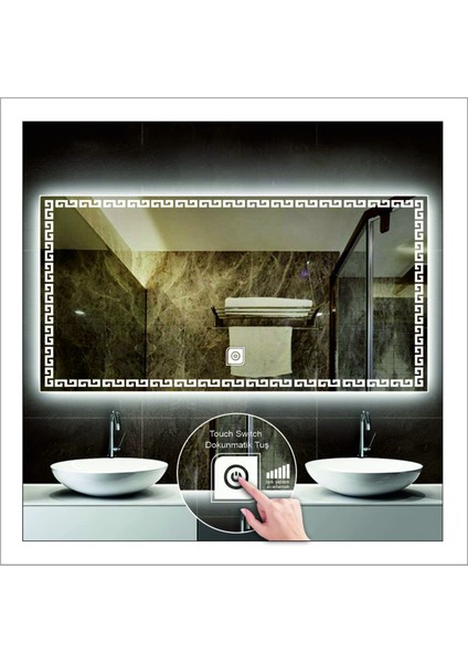 50xDnr-Mirror 70 cm Beyaz Ledli Tasarım Kumlamalı Dokunmatik Tuşlu Banyo Aynası Makyaj Aynası Işıklı Ayna