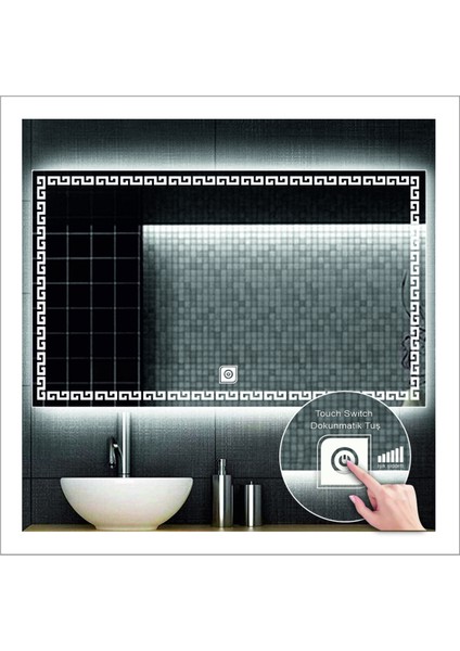 50xDnr-Mirror 70 cm Beyaz Ledli Tasarım Kumlamalı Dokunmatik Tuşlu Banyo Aynası Makyaj Aynası Işıklı Ayna