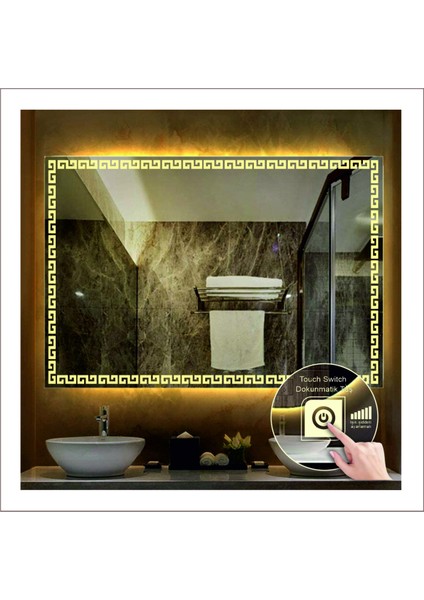 70x90 Cm Günışığı Ledli Tasarım Kumlamalı Dokunmatik Tuşlu Banyo Aynası Makyaj Aynası Işıklı Ayna