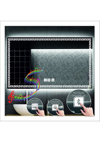 65x90 Cm Beyaz Ledli Tasarım Kumlamalı Dokunmatik Bluetoothlu Buğu Önleyicili Makyaj Banyo Aynası modelleri