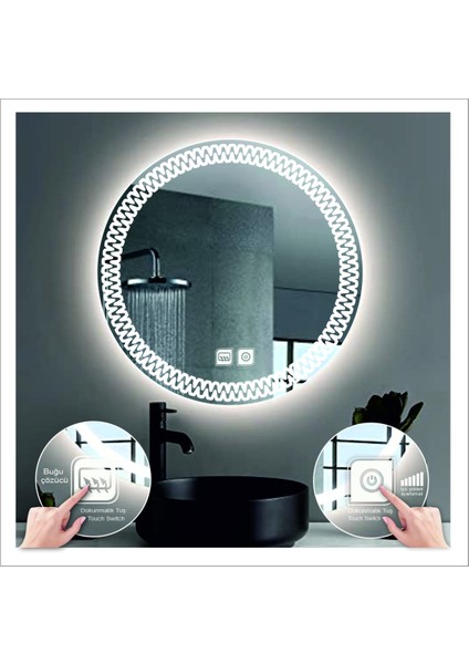 Dnr-Mirror 80 cm Beyaz Ledli Tasarım Kumlamalı Dokunmatik Tuşlu Buğu Önleyicili Banyo Aynası Makyaj Aynası fiyatları