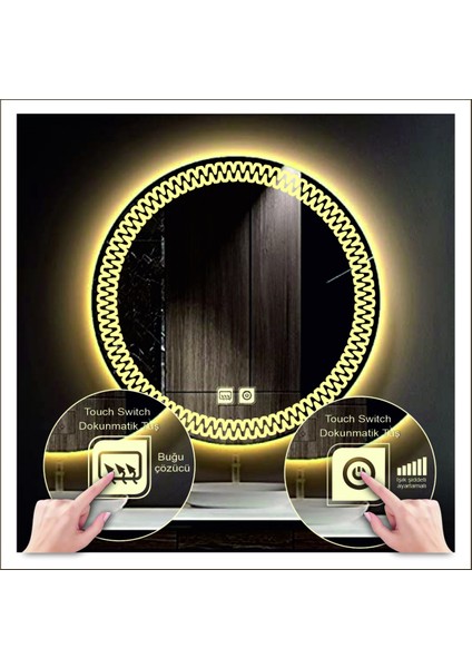 Dnr-Mirror 80 cm Beyaz Ledli Tasarım Kumlamalı Dokunmatik Tuşlu Buğu Önleyicili Banyo Aynası Makyaj Aynası modelleri