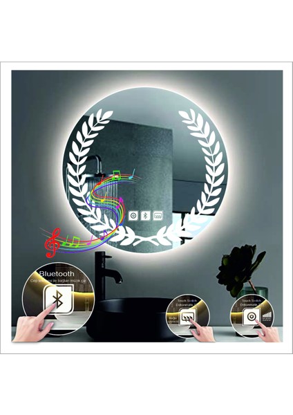 55 Cm Beyaz Ledli Tasarım Kumlamalı Dokunmatik Bluetoothlu Buğu Önleyicili Banyo Aynası Makyaj Ayna