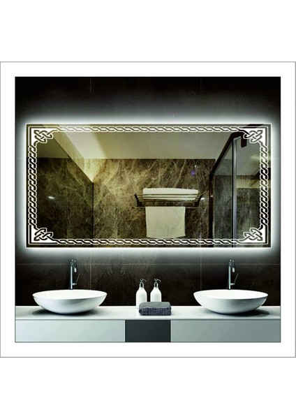 Dnr-Mirror80x100 Cm Beyaz Ledli Tasarım Kumlamalı Banyo Aynası Makyaj Aynası Işıklı Ayna