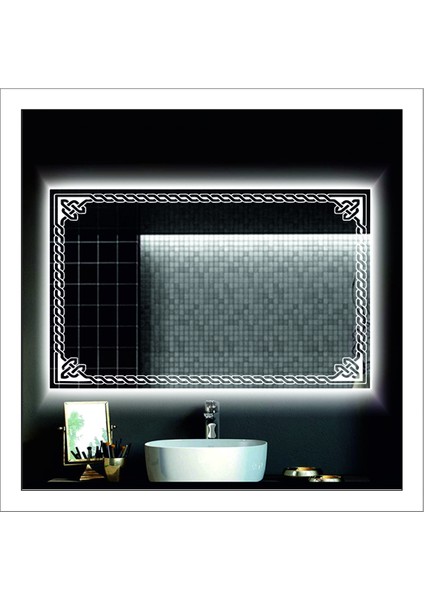 Dnr-Mirror80x100 Cm Beyaz Ledli Tasarım Kumlamalı Banyo Aynası Makyaj Aynası Işıklı Ayna