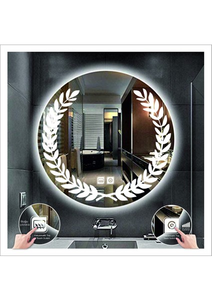 60 Cm Beyaz Ledli Tasarım Kumlamalı Dokunmatik Tuşlu Buğu Önleyicili Banyo Aynası Makyaj Aynası