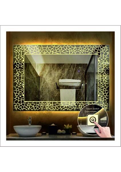 80x100 Cm Günışığı Ledli Tasarım Kumlamalı Dokunmatik Tuşlu Banyo Aynası Makyaj Aynası Işıklı Ayna