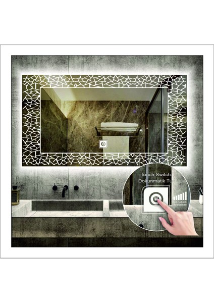80x100 Cm Günışığı Ledli Tasarım Kumlamalı Dokunmatik Tuşlu Banyo Aynası Makyaj Aynası Işıklı Ayna