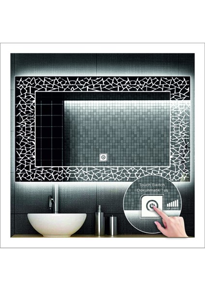 80x100 Cm Günışığı Ledli Tasarım Kumlamalı Dokunmatik Tuşlu Banyo Aynası Makyaj Aynası Işıklı Ayna