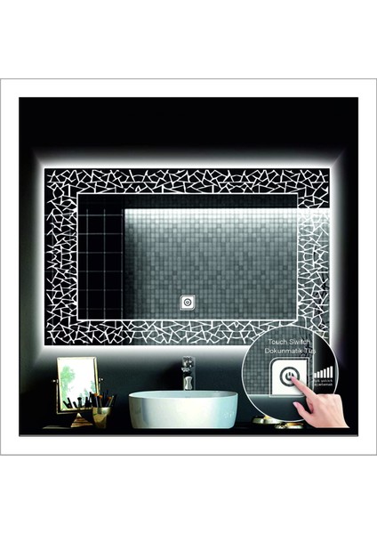 80x100 Cm Günışığı Ledli Tasarım Kumlamalı Dokunmatik Tuşlu Banyo Aynası Makyaj Aynası Işıklı Ayna